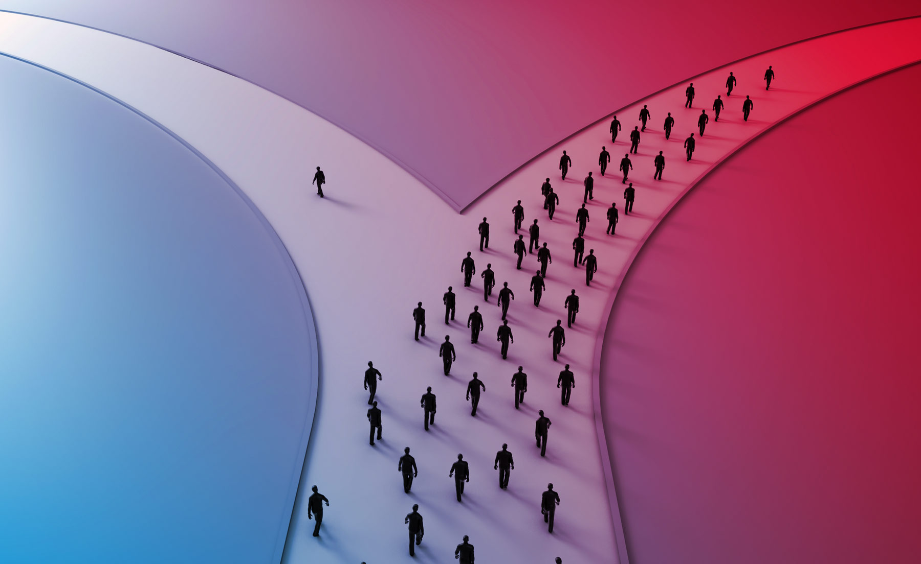 People walking down a road with a fork at the end